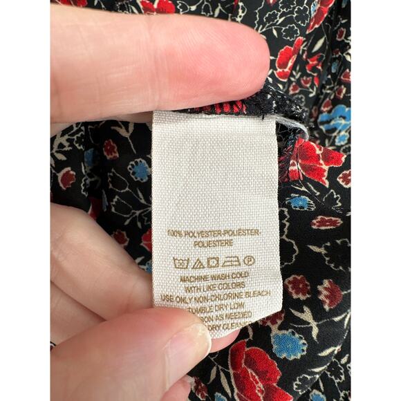 Free People Top XS Black Floral Ruffle Red Blue Boho Cottage Long Sleeve Button - Picture 7 of 9